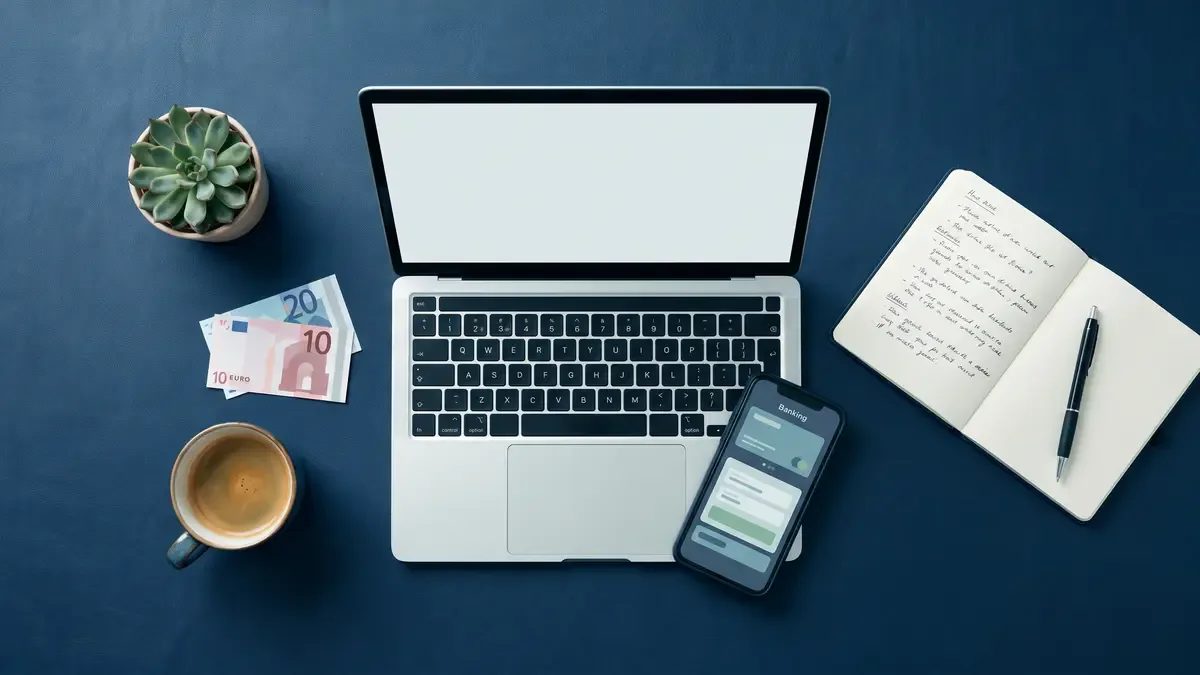 Γραφείο με laptop, κινητό τραπεζικής εφαρμογής και ευρώ, σύμβολο οργάνωσης πριν από ανάληψη σε καζίνο